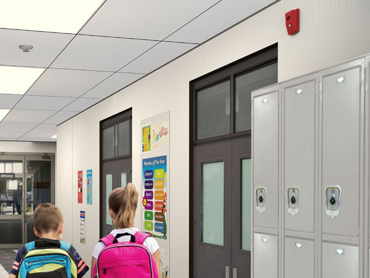 Back-view of elementary school students walking in a school corridor