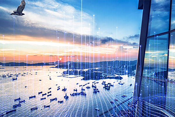 Aerial view of a sea coast in the evening overlaid with graphics of transmission of nodes